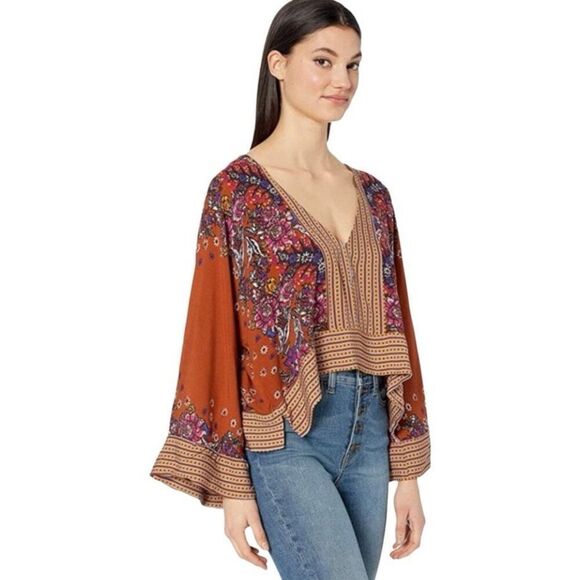 Free People Mix N Match Bohemian Flounce Sleeve Blouse In Burnt Orange Small - Picture 2 of 11